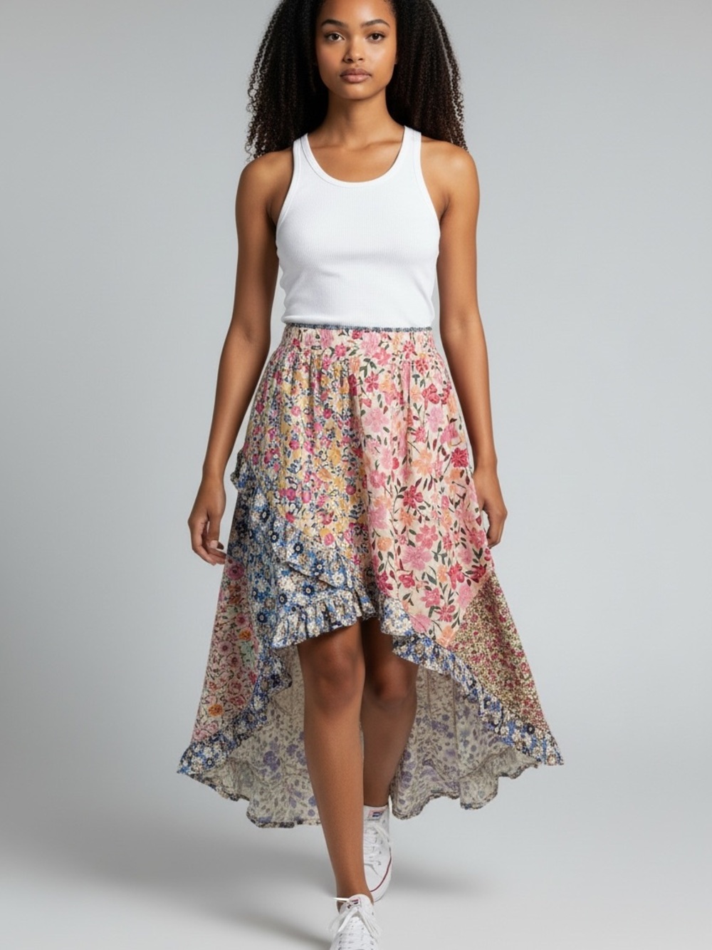 Jaded Gypsy Patchwork Floral High-Low Maxi Skirt - Pink Multi